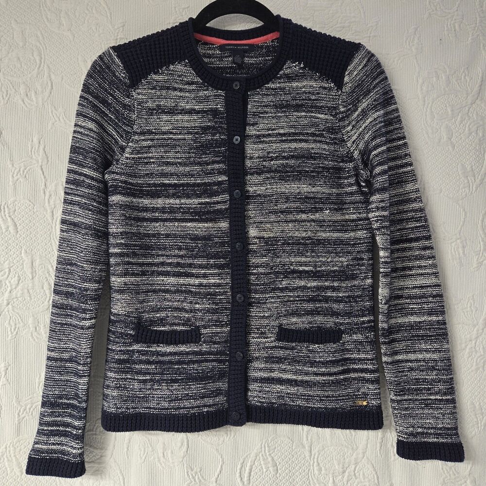 Tommy Hilfiger Metallic Button Cardigan Knit Trim Women Small Pinstripes Festive